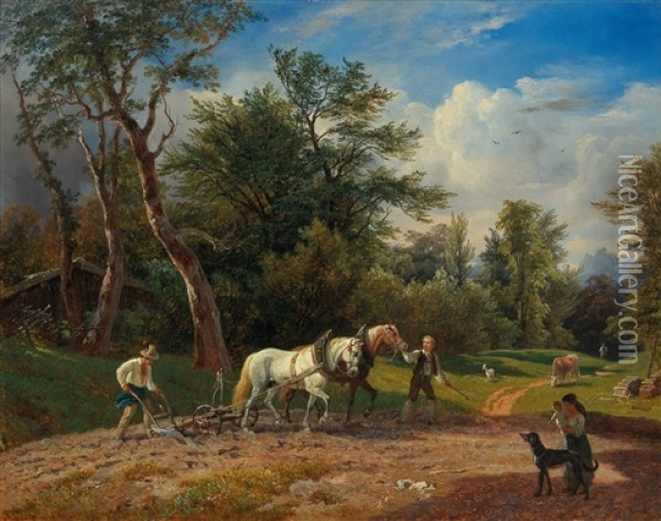 A Country Idyll With Peasants Ploughing Oil Painting - Franz Reinhold