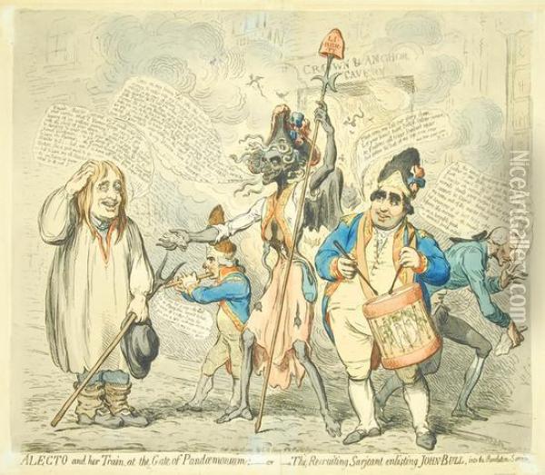 Alectoand Her Train, At The Gate Of Pandemonium Oil Painting - James Gillray
