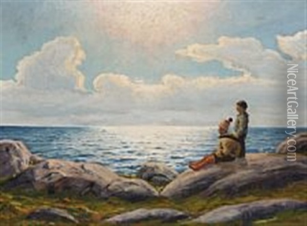 A Family Of Inuits Looking At The Sea Oil Painting - Emanuel A. Petersen