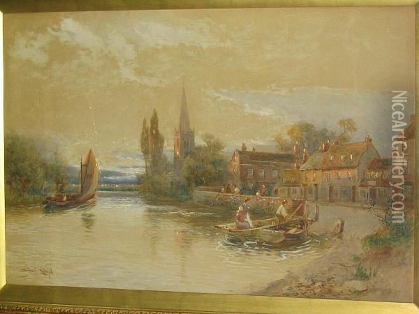 River Scene With Ferry Boat And Figures, A Village And Church Beyond Oil Painting - Walker Stuart Lloyd
