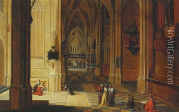 The Interior Of A Gothic Church With An Artist Sketching In The Nave Oil Painting - Peeter Neeffs the Younger