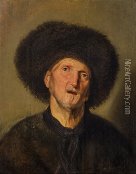 Man With Fur Cap (rembrandts Father ?) Oil Painting - Jacques des Rousseaux