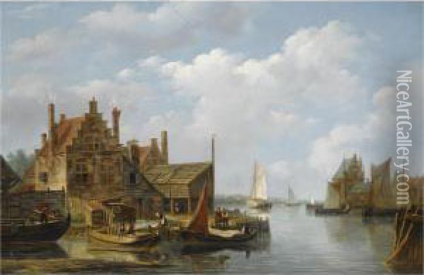 A View Of A Riverside Village Oil Painting - Frans Jacobus Van Den Blijk