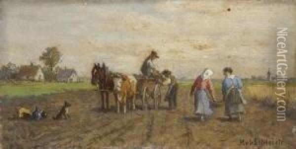 Bauern Mit Pferdefuhrwerk Auf Dem
 Acker. Oil Painting - Robert Schleich