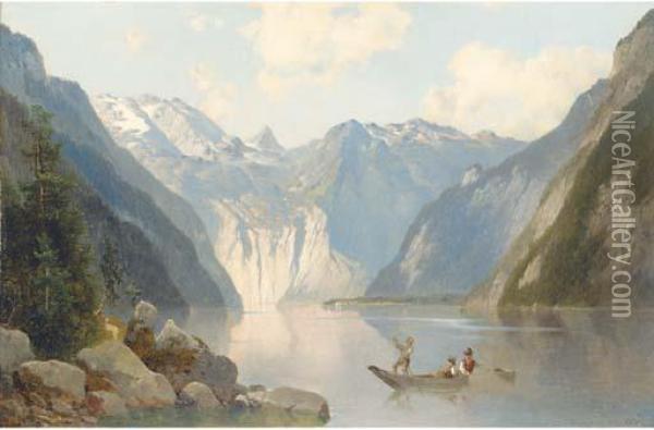 A Mountainous Swiss Lake Landscape Oil Painting - Josef Thoma