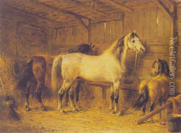 Horses In A Stable Oil Painting - Otto Eerelman