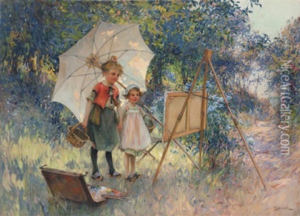 Enfants Au Jardin Contemplant Le Tableau Du Pere Oil Painting - Henri Gaston Darien