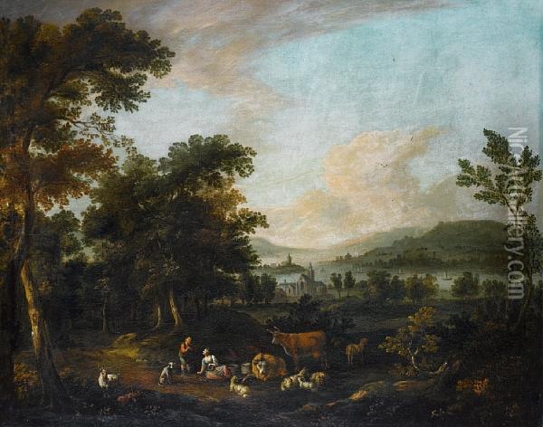 An Extensive River Landscape With A Shepherdand Shepherdess Resting Beneath Trees Oil Painting - Michiel Carre
