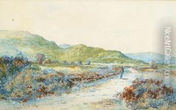 Man On A Rural Track With Hills Beyond Oil Painting - Albert Pollitt