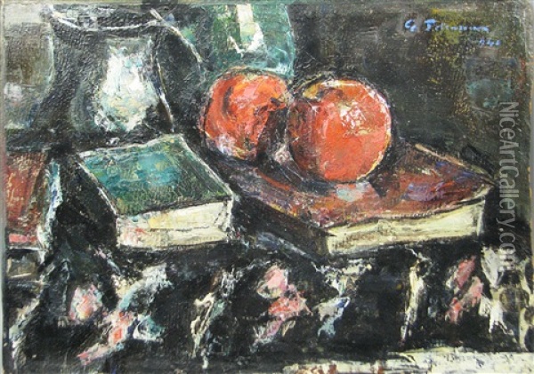 Still Life Whit Apples And Books, Oil On Cardboard Oil Painting - Gheorghe Petrascu