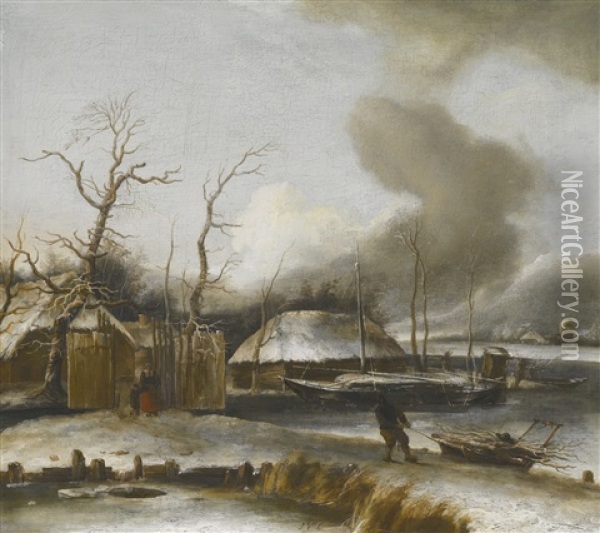 A Winter Landscape By A Frozen Pond, A Figure Dragging A Pile Of Driftwood And A Mother And Child By The Gate Of A House Oil Painting - Jan Van De Cappelle