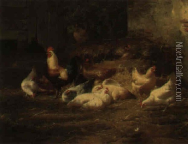 Poultry Before A Barn Oil Painting - Eugene Remy Maes