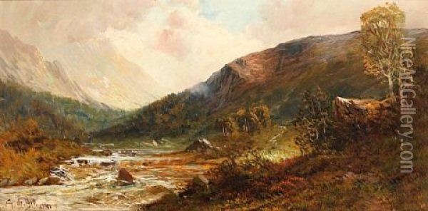 Mountainous Landscape At Dawn (+ Another; Pair) Oil Painting - Gustave de Breanski