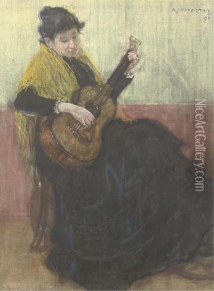 Playing The Guitar Oil Painting - Hendrik Johannes Haverman