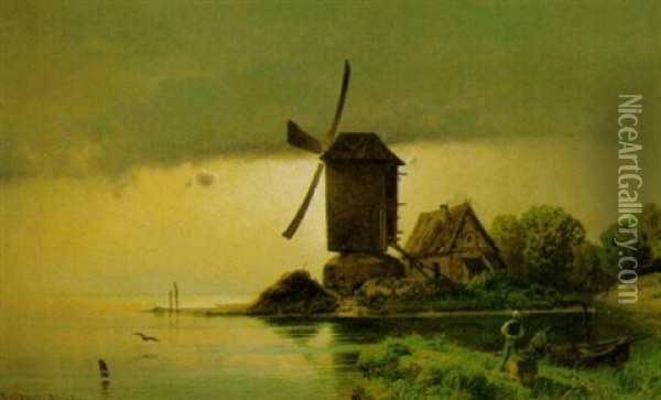Windmuhle An Abendlichem Ufer Oil Painting - Otto Geleng