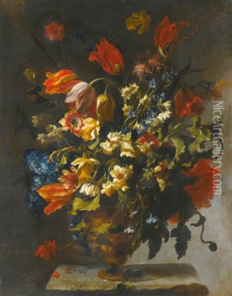 A Still Life With Narcissi, Daffodils, Clematis, Tulips, Carnations And Other Flowers In An Ornamental Vase On A Stone Ledge Oil Painting - Paolo Porpora