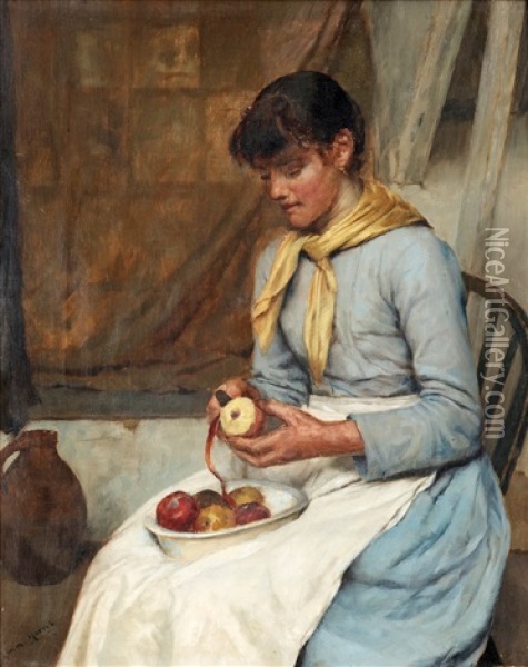 Flicka Som Skalar Applen Oil Painting - Edwin Harris