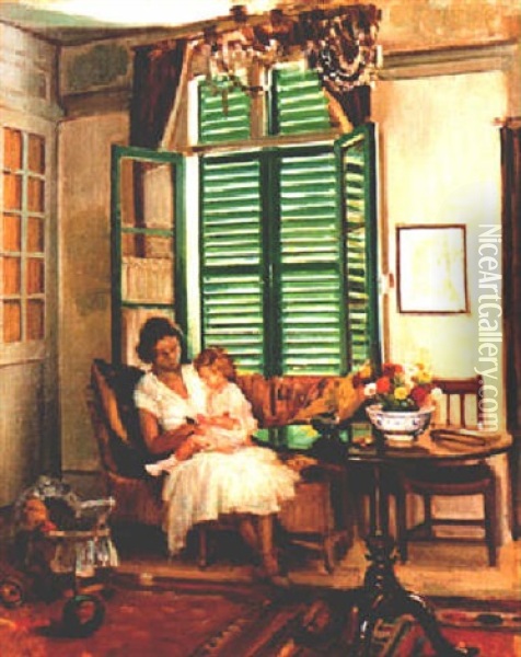 Interior With The Artist's Wife, Yvonne, And Young Daughter, Elizabeth, At Montreuil-sur-mer Oil Painting - William Crampton Gore