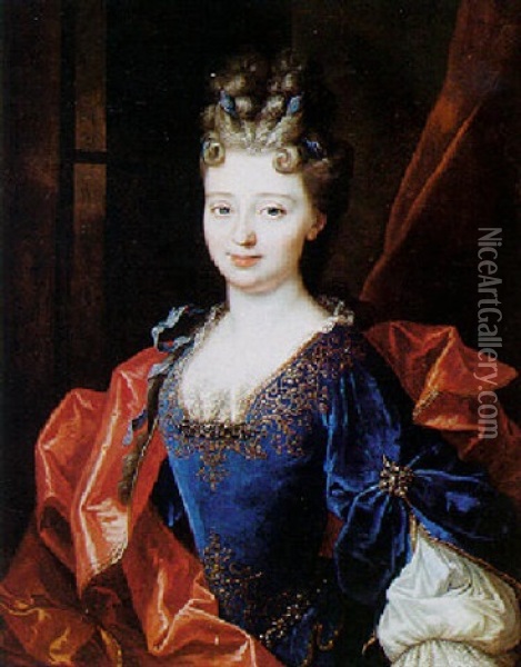 Portrait Of A Lady Wearing A Blue Velvet, Embroidered Dress Oil Painting - Nicolas de Largilliere