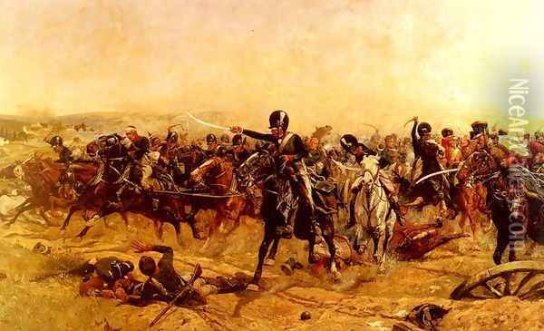 Norman Ramsay At Fuentes Onoro 'Suddenly The Multitude Became Violently Agitated; An English Shout Pealed High And Clear, The Mass Was Rent Asunder, And Norman Ramsay Burst Forth...' Oil Painting - William Barnes Wollen