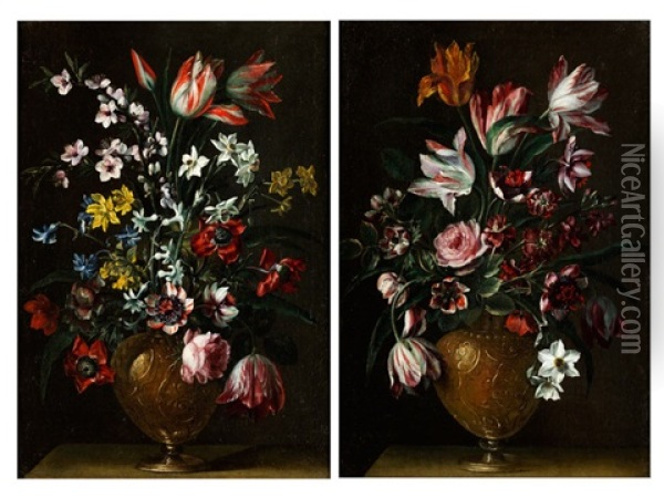 Zwei Stillleben Mit Blumenbouquets In Metallenen Vasen (2 Works) Oil Painting - Pier Francesco Cittadini