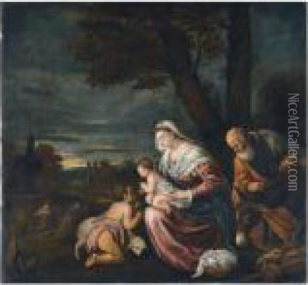 The Holy Family With Saint John The Baptist, The Flight Into Egypt Beyond Oil Painting - Jacopo Bassano (Jacopo da Ponte)