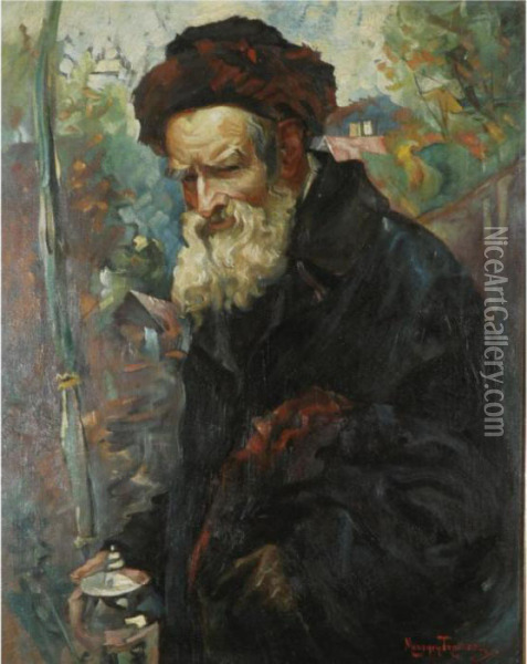 Rabbi With Lulav And Etrog Container Oil Painting - Maurycy Trebacz