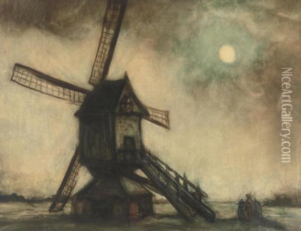 Figures Near A Windmill Oil Painting - Jakob Smits