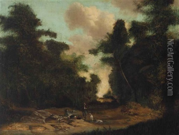 Figures With A Dog In A Wooded Landscape Oil Painting - Gainsborough Dupont