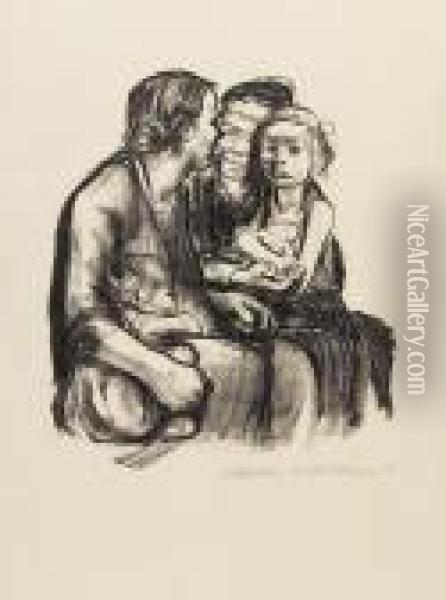 Zwei Schwatzende Frauen Mit Zwei Kindern. Oil Painting - Kathe Kollwitz