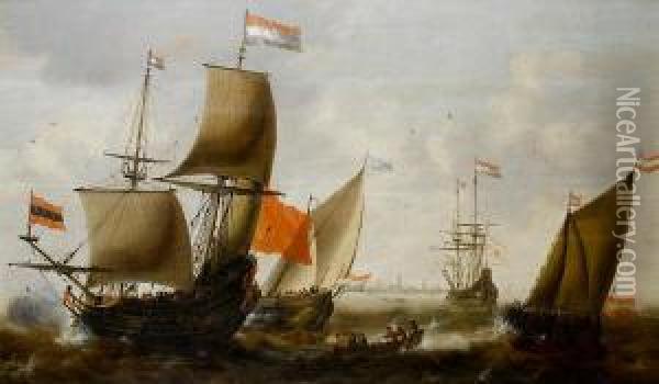 Dutch Shipping In Choppy Seas Off The Coast Of Amsterdam Oil Painting - Jacob Adriaensz. Bellevois