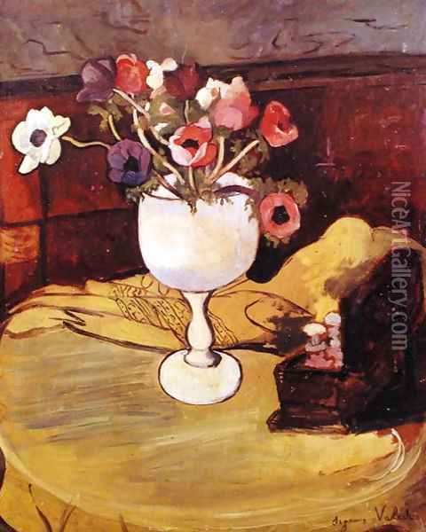 Vase of Flowers, Anemones in a White Glass Oil Painting - Suzanne Valadon
