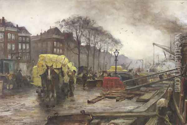 Labourers unloading cargo on a quay, Rotterdam Oil Painting - August Willem van Voorden