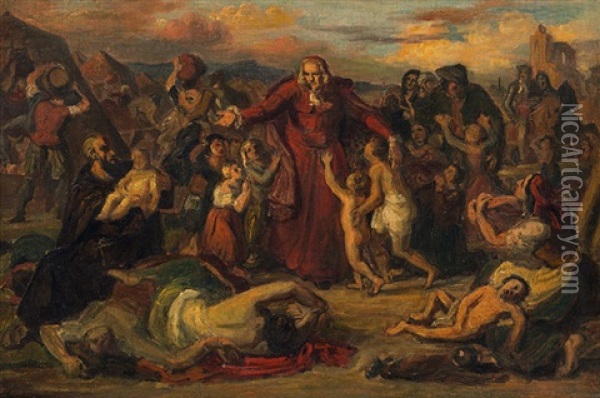 Graf Kolonitz, Bishop Of Neustadt, Leading The Children Of The Murdered Christian Prisoners Out Of The Camp Into The City After The Turkish Siege Of Vienna In 1683 Oil Painting - Carl Rahl