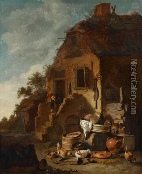 Bauerngehoft Mit Von Der Sonne Beschienenen Kuchengeratschaften Oil Painting - Egbert van der Poel