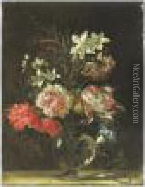 Bouquet De Fleurs Dans Un Vase Sur Un Entablement Oil Painting - Nicolas Baudesson