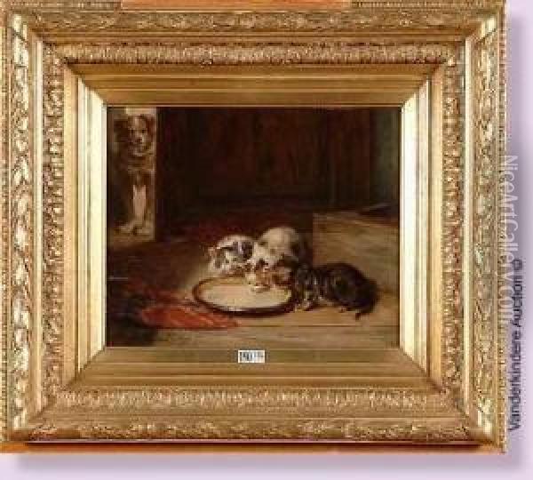 Chien Surveillant Les Chatons Buvant Du Lait Oil Painting - Charles van den Eycken
