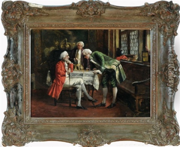 Drei Edelleute Am Tisch Bei Der Begutachtung Von Schmuck Und Wertvollen Gegenstanden Oil Painting - August Hermann Knoop