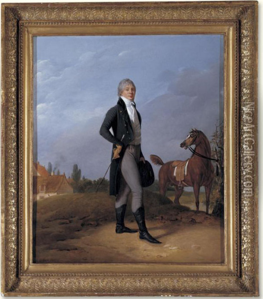 Alexis Gedeon Standing 
Full-length And Wearing A Blue Jacket And 
Holding A Whip And Top Hat His Horse Is Tethered
 To A Tree Nearby. Oil Painting - Carle Vernet
