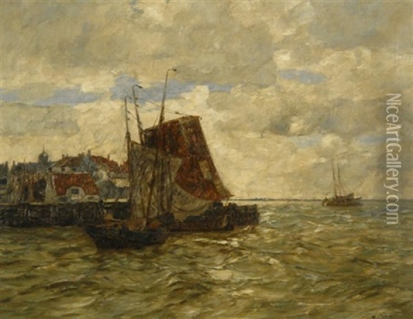 Fischerboote Am Kai Einer Hollandischen Hafenstadt Oil Painting - Andreas Dirks