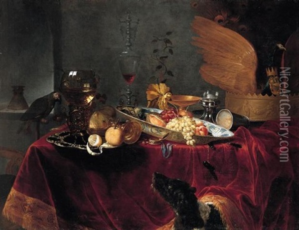 A Pronk Still Life Of Fruit And Silver, Porcelain And Glassware, All On A Table Draped With A Red Cloth, Observed By A Dog Oil Painting - Gillis van Berkborch