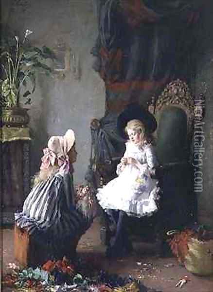 Two Girls Dressing a Doll Oil Painting - Leon Delachaux