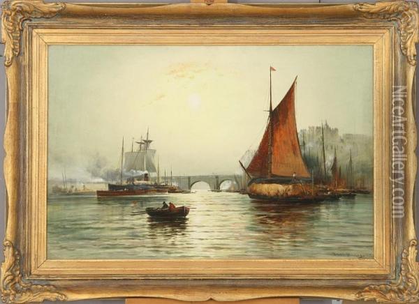 A Harbour Scene With Ships And Figures Oil Painting - Bret Hayes