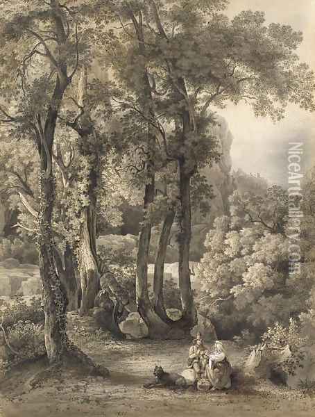 A seated couple and their dog in a glade Oil Painting - Friedrich Salathe