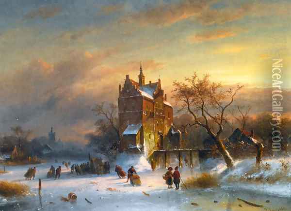 Skaters Near A Castle Oil Painting - Charles Henri Joseph Leickert