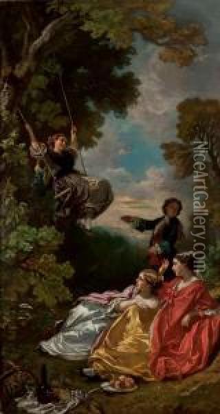 La Balancoire Oil Painting - Camille-Joseph-Etienne Roqueplan
