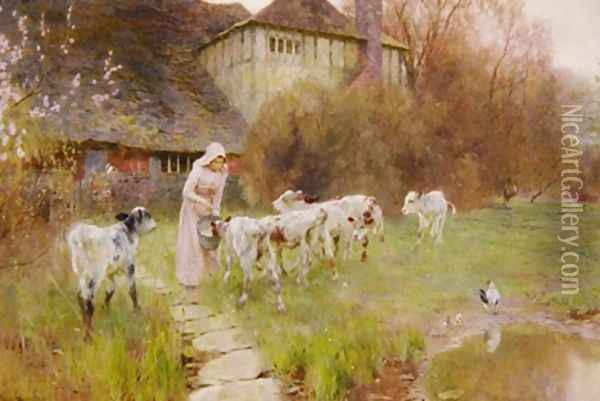 Feeding the Calves Oil Painting - Robert Gustav Meyerheim