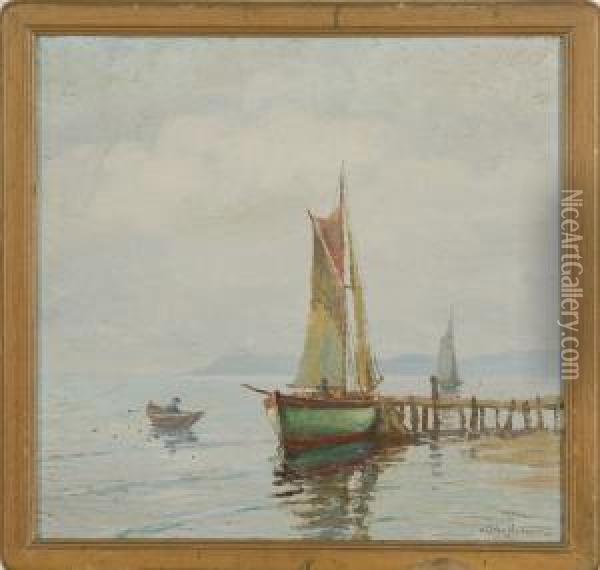 Fishing Boat At A Pier Oil Painting - Chester K. Van Nortwick