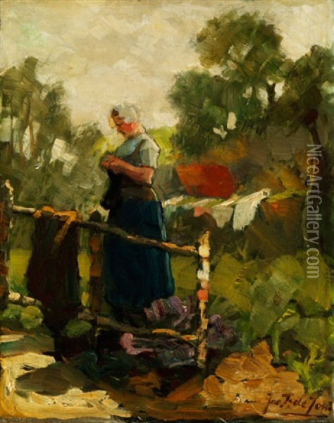Hollandische Wascherin Beim Aufhangen Der Wasche Oil Painting - Jacobus Frederik Sterre De Jong