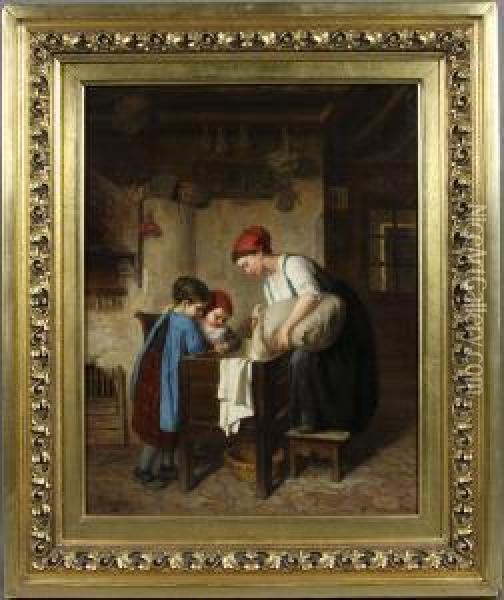 Fine Scene Of Mother And Two Daughtersmaking Bread Oil Painting - Paul Seignac